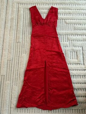 Zara Red Satin V-Neck Maxi Dress with Front Slit